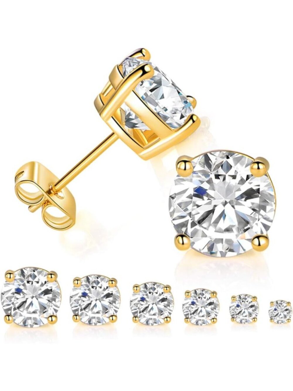 6 Pairs Gold Plated Round Cut Clear CZ Stud Earrings - Elegant Jewelry Set